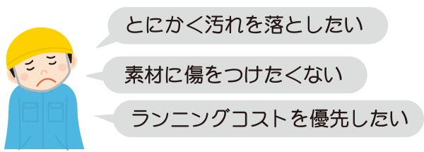 とにかく汚れを落としたい…。素材に傷をつけたくない…。ランニングコストを優先したい…。